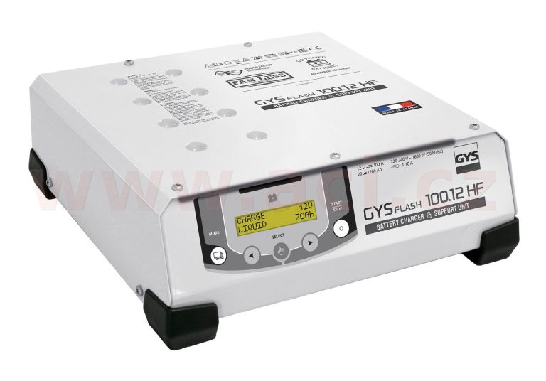 Nabíječka/stabilizovaný zdroj GYSFLASH 100.12HF, 12 V, 20-1200 Ah, 100 A, kabely 5 m, menu v češtině