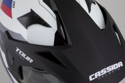 Prilba Tour 2.0 X-tra, CASSIDA (bílá/modrá/červená/černá/černý matný šilt, plexi s prípravou pre Pinlock) 2025