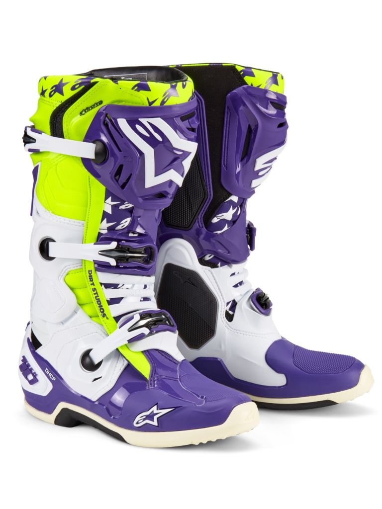 Topánky TECH 10 limitovaná edícia DIRT STUDIOS, ALPINESTARS (bílá/fialová/žlutá fluo) 2025