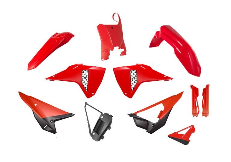 Kompletné sada plastov (vr. chráničov vidlíc) REVOLUTION HONDA, RTECH (červená-čierna)