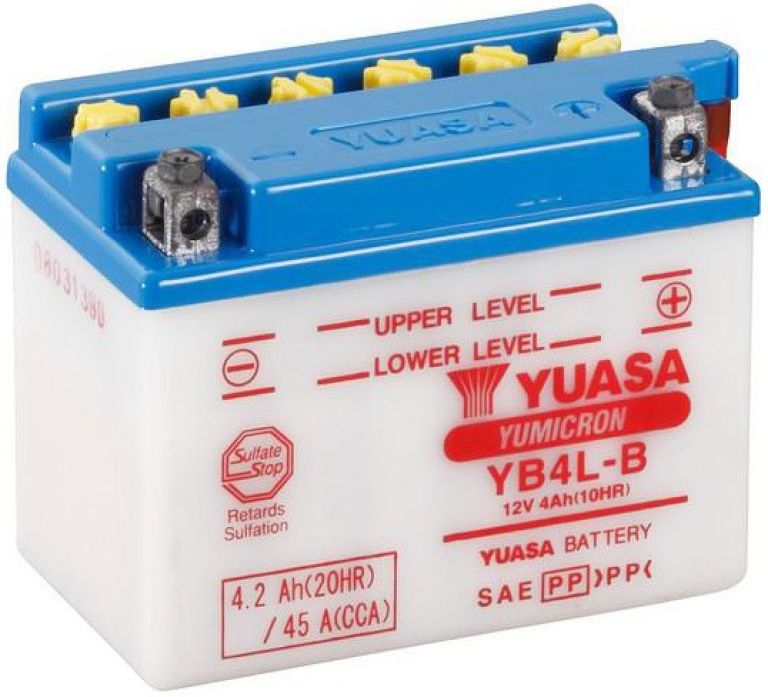 Motobatérie 12V, YB4L-B, 4,2Ah, 45A, konvenčné YUMICRON 121x71x93, YUASA originál (vr. balenie elektrolytu)