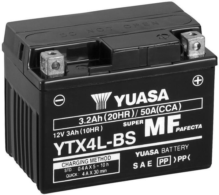 Motobatérie 12V, YTX4L-BS, 3,2Ah, 50A, bezúdržbová MF AGM 114x71x86, YUASA originál (vr. balenie elektrolytu)