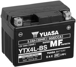 Motobatérie 12V, YTX4L-BS, 3,2Ah, 50A, bezúdržbová MF AGM 114x71x86, YUASA originál (vr. balenie elektrolytu)