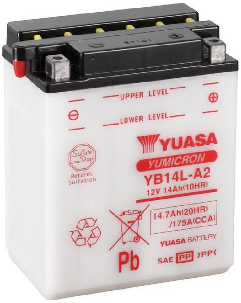 Motobatérie 12V, YB14L-A2, 14,7Ah, 175A, konvenčné YUMICRON 136x91x168, YUASA originál (vr. balenie elektrolytu)