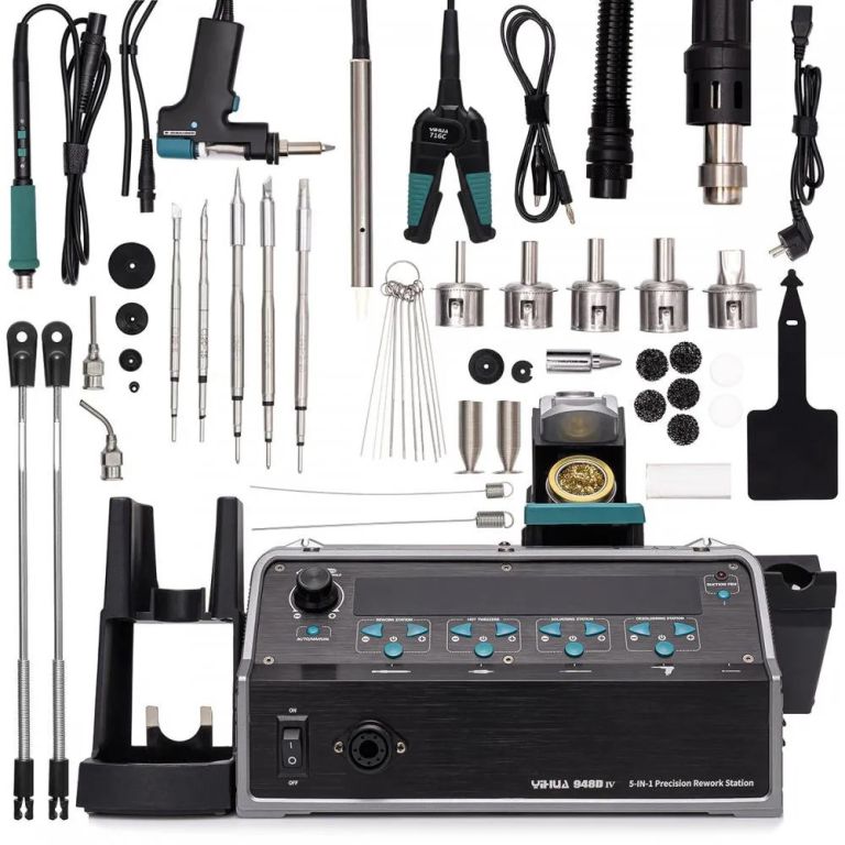 Pájecí stanice 5v1: hrot, horkovzdušná pájka, odpáječka, termopinzeta, chapadlo
