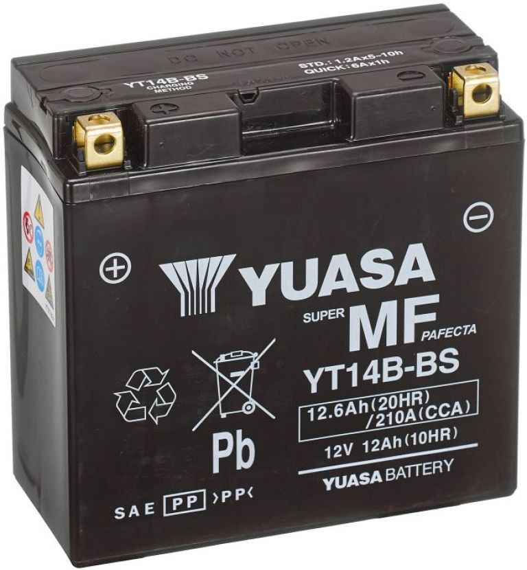 Motobatérie 12V, YT14B-BS, 12,6Ah, 210A, bezúdržbová MF AGM 150x70x145, YUASA originál (vr. balenie elektrolytu)