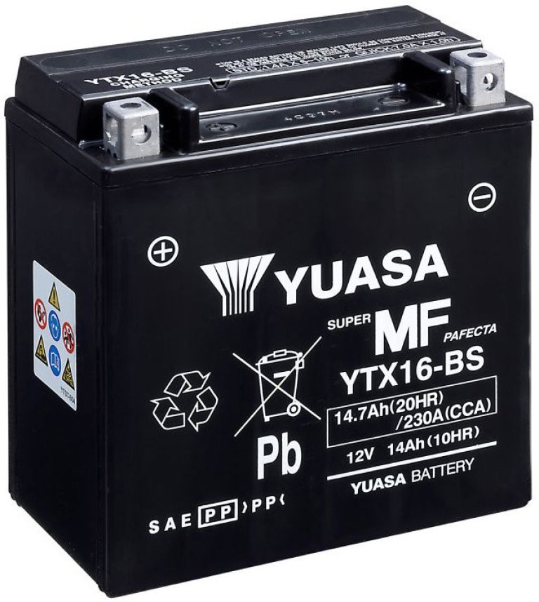 Motobatérie 12V, YTX16-BS, 14,7Ah, 230A, bezúdržbová MF AGM 150x87x161, YUASA originál (vr. balenie elektrolytu)
