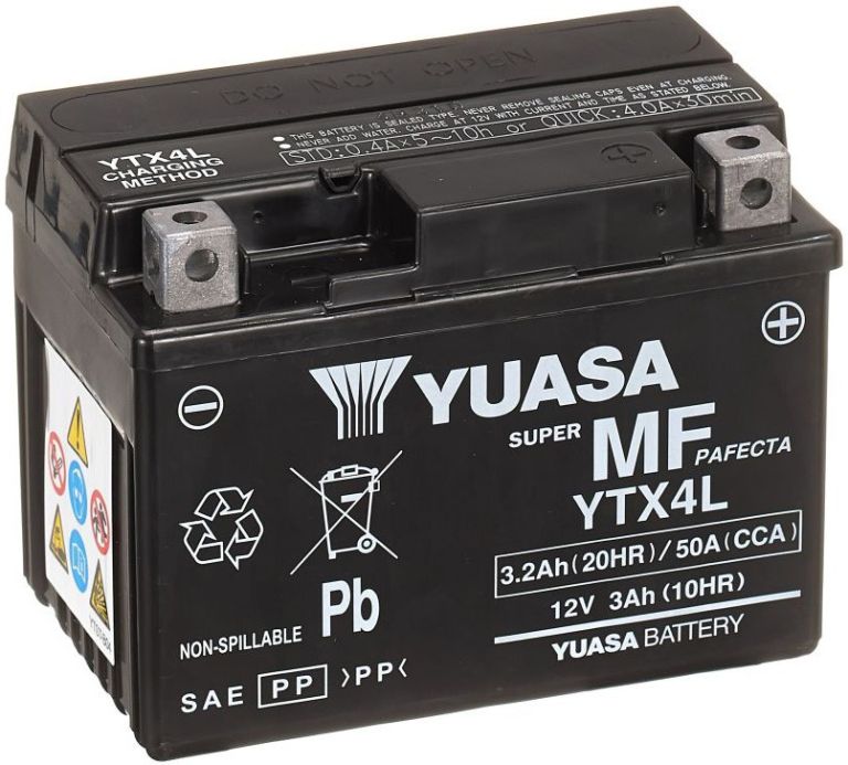 Motobatérie 12V, YTX4L, 3,2Ah, 50A, bezúdržbová MF AGM 114x71x86, YUASA originál (aktivovaná ve výrobe)