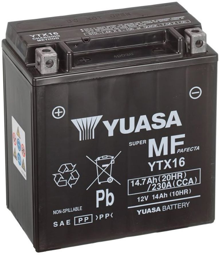 Motobatérie 12V, YTX16, 14,7Ah, 230A, bezúdržbová MF AGM 150x87x161, YUASA originál (aktivovaná ve výrobe)