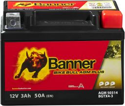 Baterie AGM plus 12V, BGTX4-3, 3Ah, 50A, BANNER Bike Bull AGM PLUS 113x70x86
