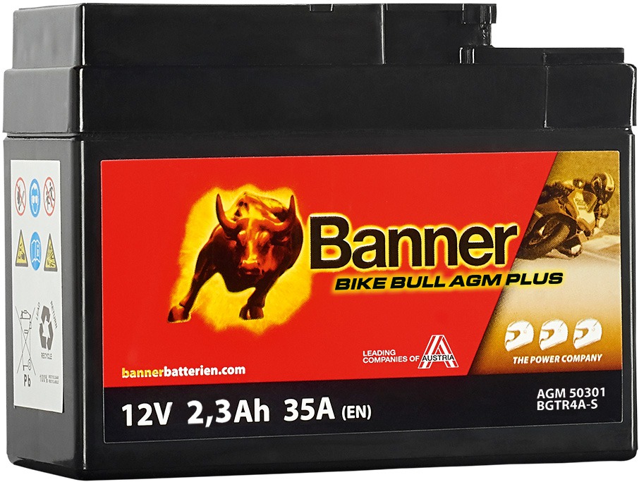 Baterie AGM plus 12V, BGTR4A-S, 2,3Ah, 35A, BANNER Bike Bull AGM PLUS 112x48x85