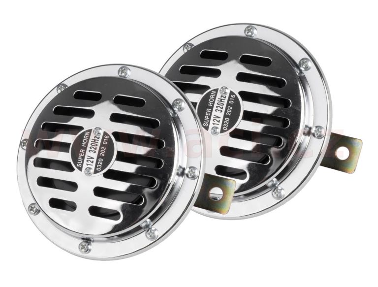 Klakson chromový 12V, 110 dB, 125 mm, sada 2 ks