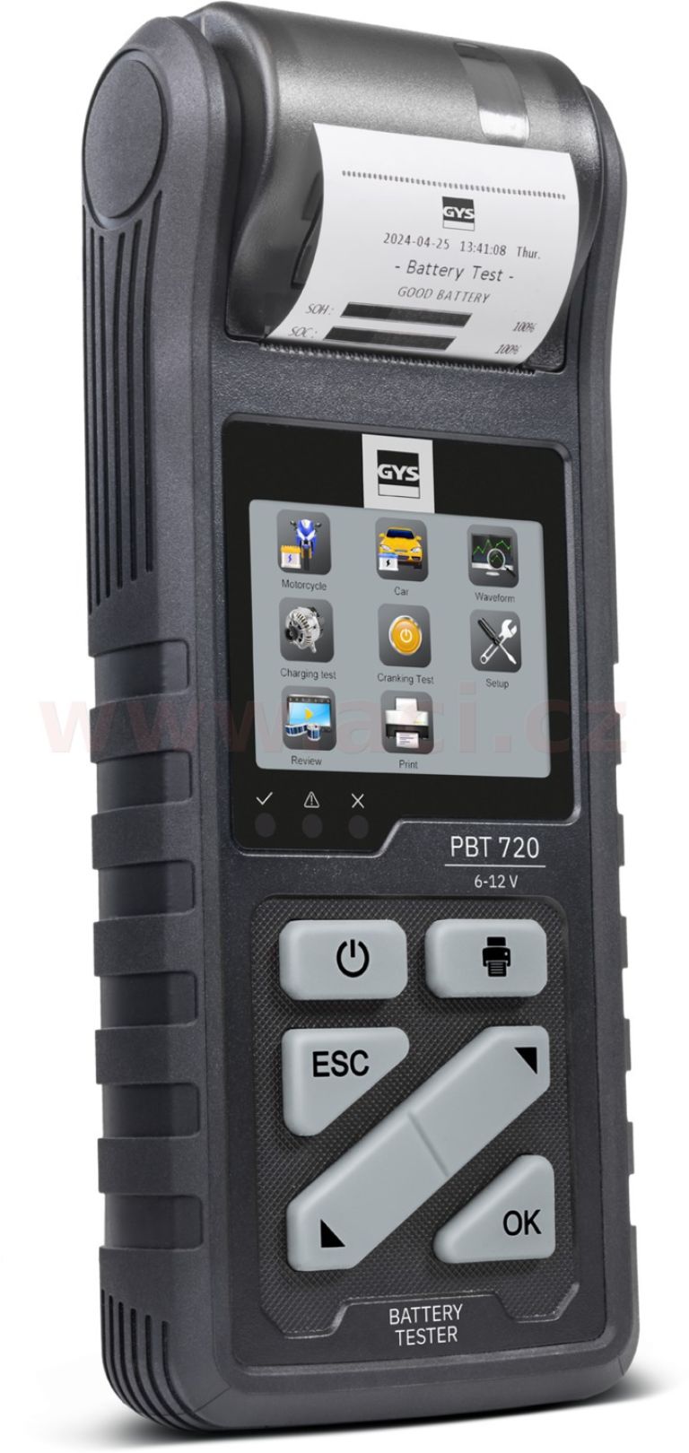 Tester bateriíí, napětí, proud, dobíjení, 6/12/24 V, 7 - 240 Ah, s tiskárnou GYS PBT720, menu v češtině