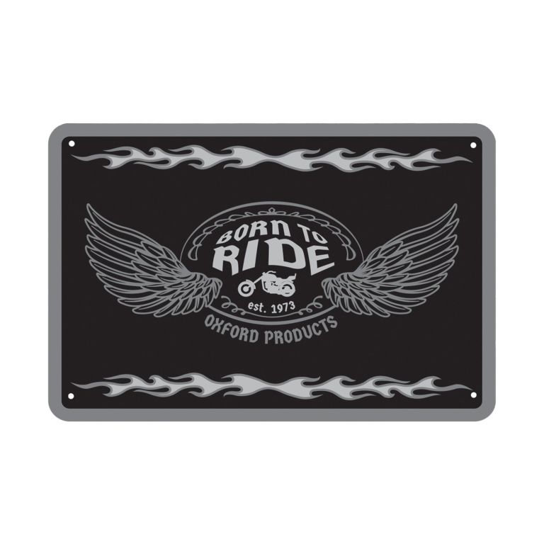 Plechová ceduľa BORN TO RIDE, OXFORD (šedá/černá, rozmer 30 x 20 cm)