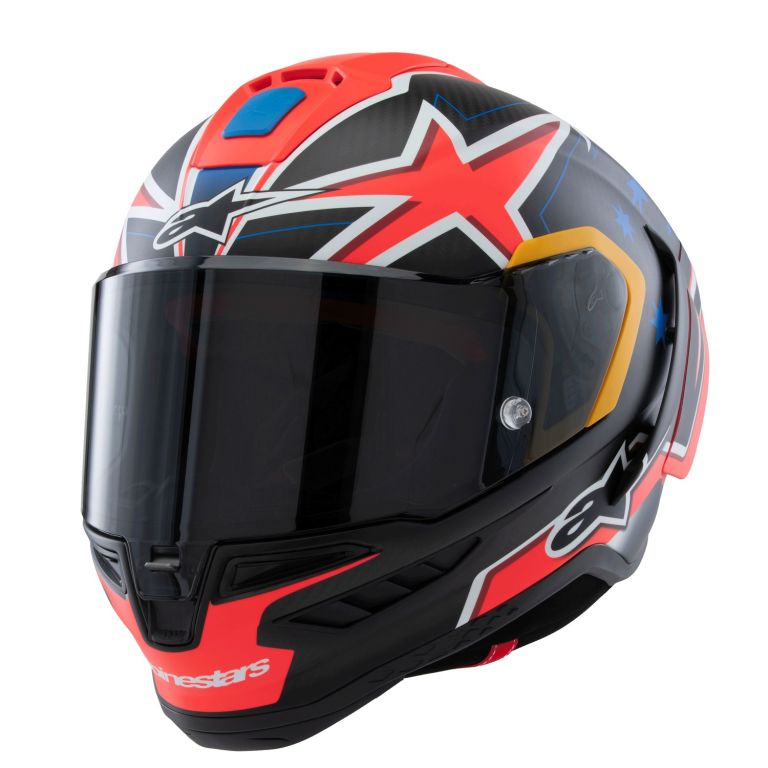 Prilba SUPERTECH R10 limitovaná edícia JACK MILLER, ALPINESTARS (matný karbon/červená/modrá/žlutá/bílá)