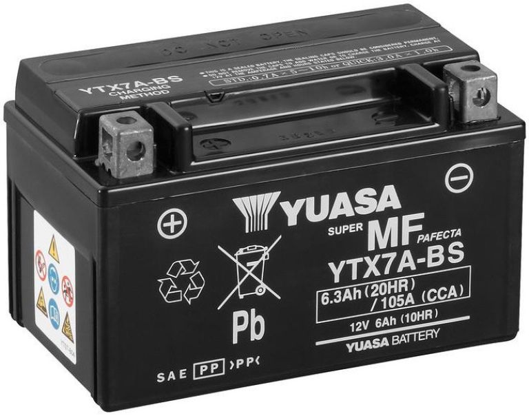 Motobatérie 12V, YTX7A-BS, 6,3Ah, 105A, bezúdržbová MF AGM 150x87x93, YUASA originál (vr. balenie elektrolytu)