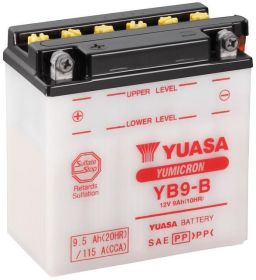 Motobatérie 12V, YB9-B, 9,5Ah, 115A, konvenčné YUMICRON 137x77x141, YUASA originál (vr. balenie elektrolytu)