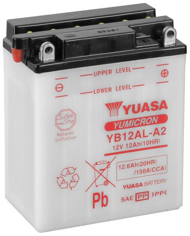 Motobatérie 12V, YB12AL-A2, 12,6Ah, 150A, konvenčné YUMICRON 134x80x160, YUASA originál (vr. balenie elektrolytu)