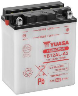 Motobatérie 12V, YB12AL-A2, 12,6Ah, 150A, konvenčné YUMICRON 134x80x160, YUASA originál (vr. balenie elektrolytu)