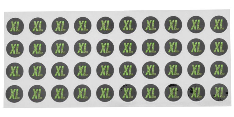 Sada samolepiek pre dodatečné označenie veľkosti prilieb, ACI (černé/zelené, arch 40ks samolepiek, veľkosť XL)