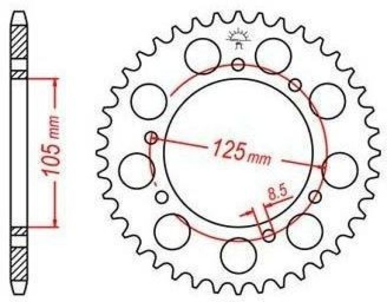 Oceľová rozeta pre sekundárne reťazy typu 428, JT - Anglicko (52 zubov)