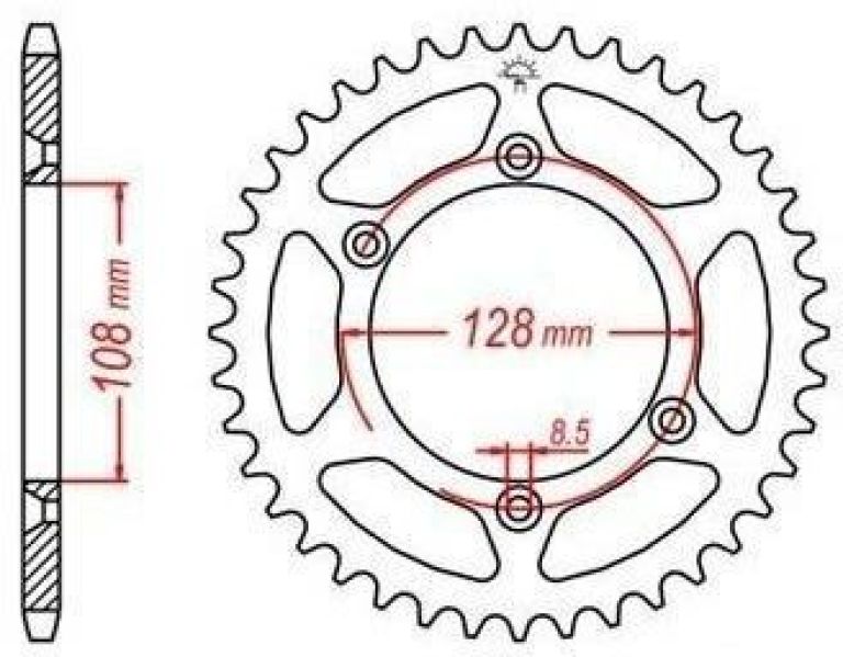 Oceľová rozeta pre sekundárne reťazy typu 428, JT - Anglicko (57 zubov)