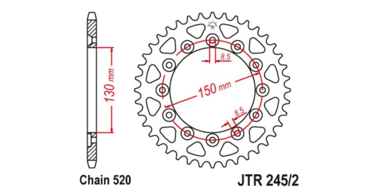 Oceľová rozeta pre sekundárne reťazy typu 520, JT - Anglicko (43 zubov)