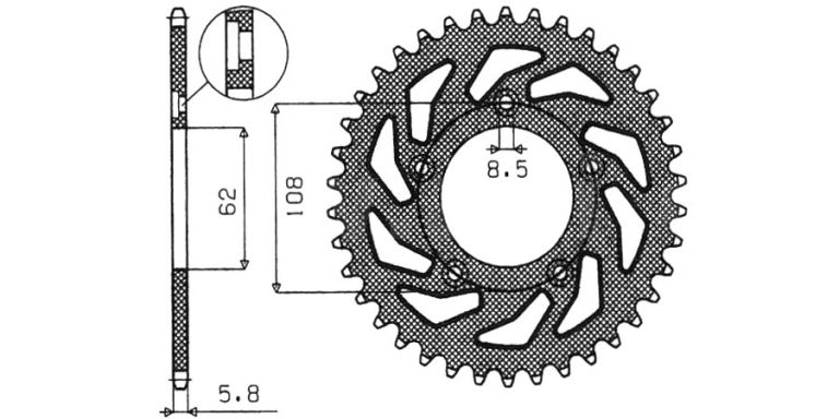 Oceľová rozeta pre sekundárne reťazy typu 520, SUNSTAR (42 zubov)